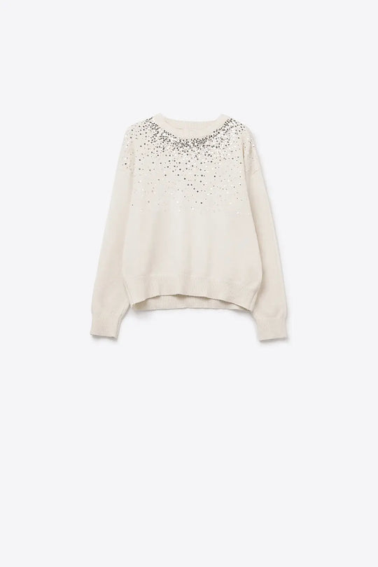Q2 White soft knit sweater embellished with sequins on the front