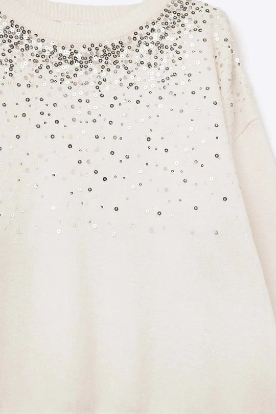 White soft knit sweater embellished with sequins on the front - One Size / White