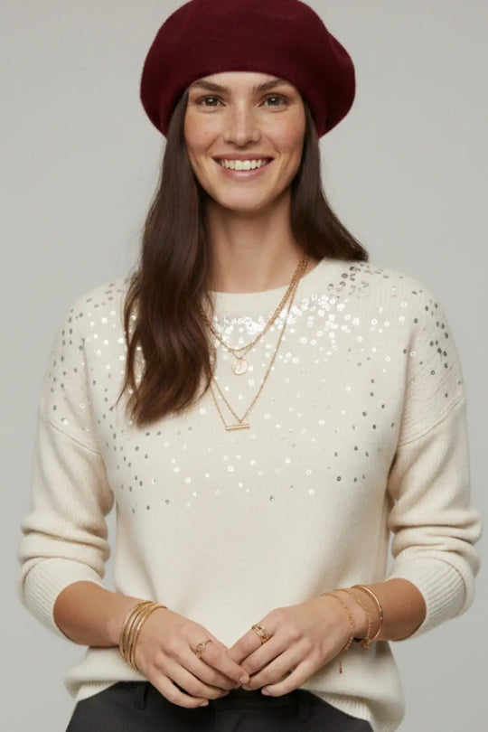 White soft knit sweater embellished with sequins on the front - One Size / White