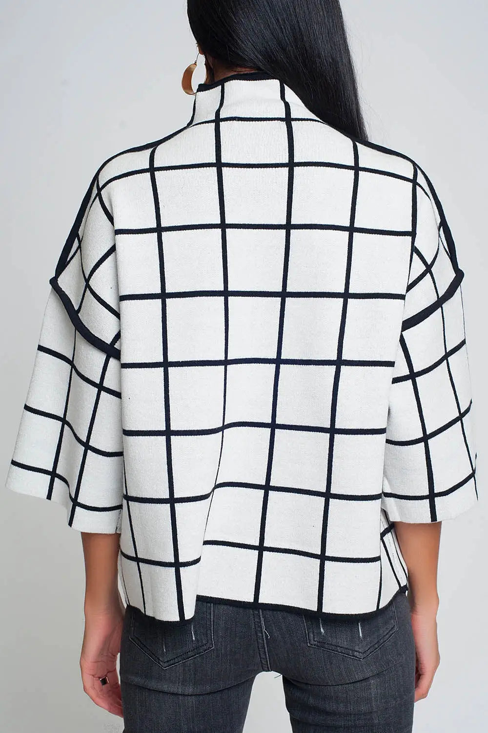 White sweater with chequered print in 3/4 sleeve and high neck - One Size / White - Sweaters