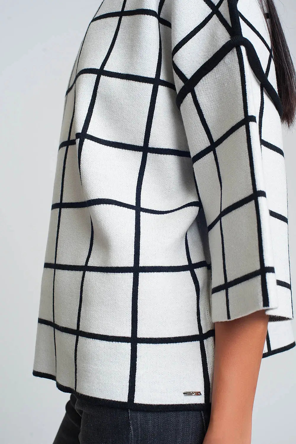 White sweater with chequered print in 3/4 sleeve and high neck - One Size / White - Sweaters