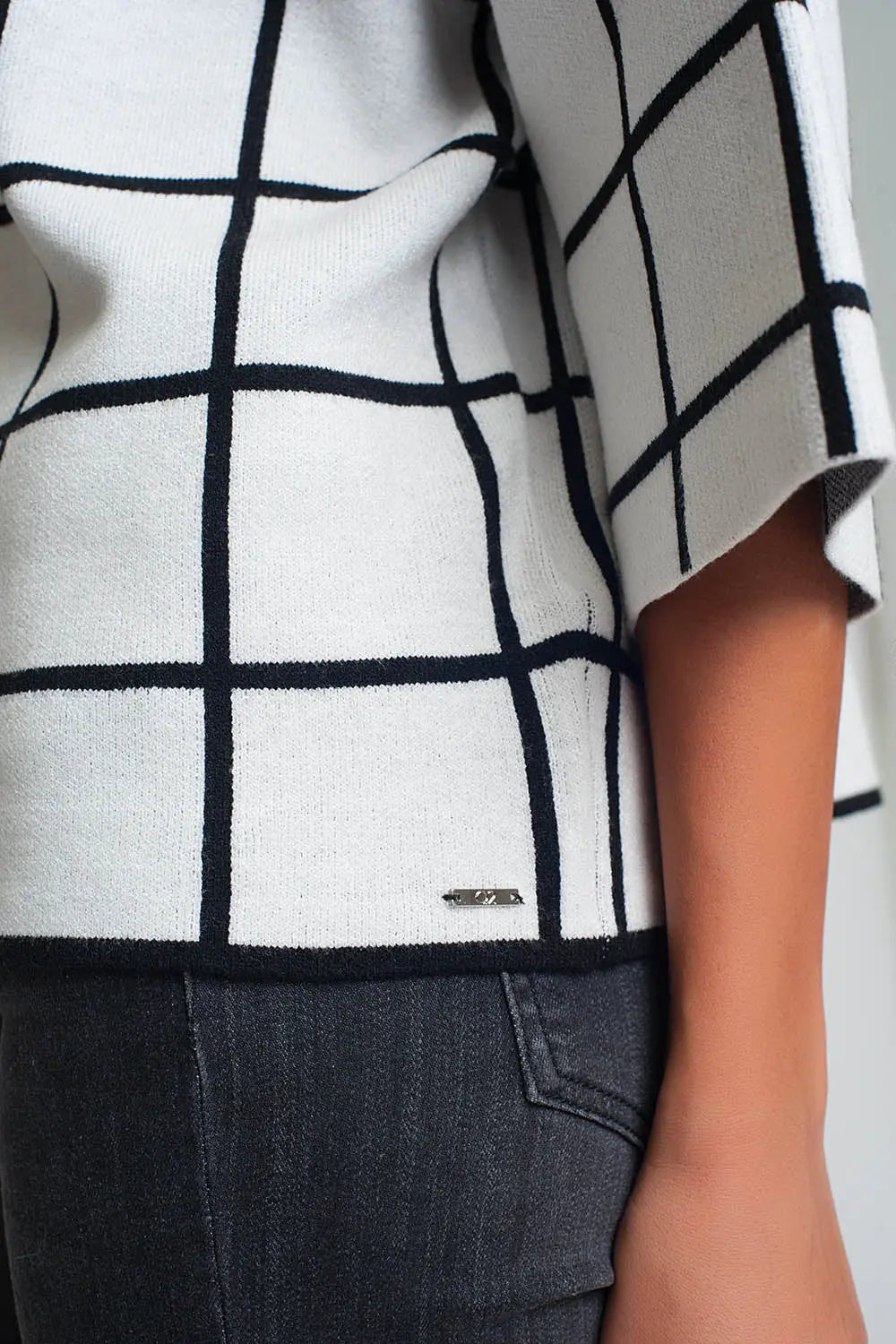 White sweater with chequered print in 3/4 sleeve and high neck - One Size / White - Sweaters