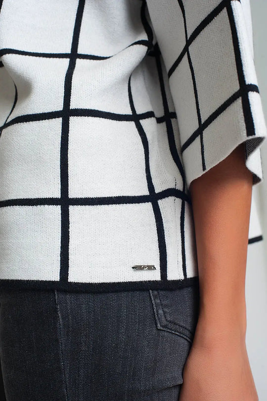 White sweater with chequered print in 3/4 sleeve and high neck - One Size / White - Sweaters