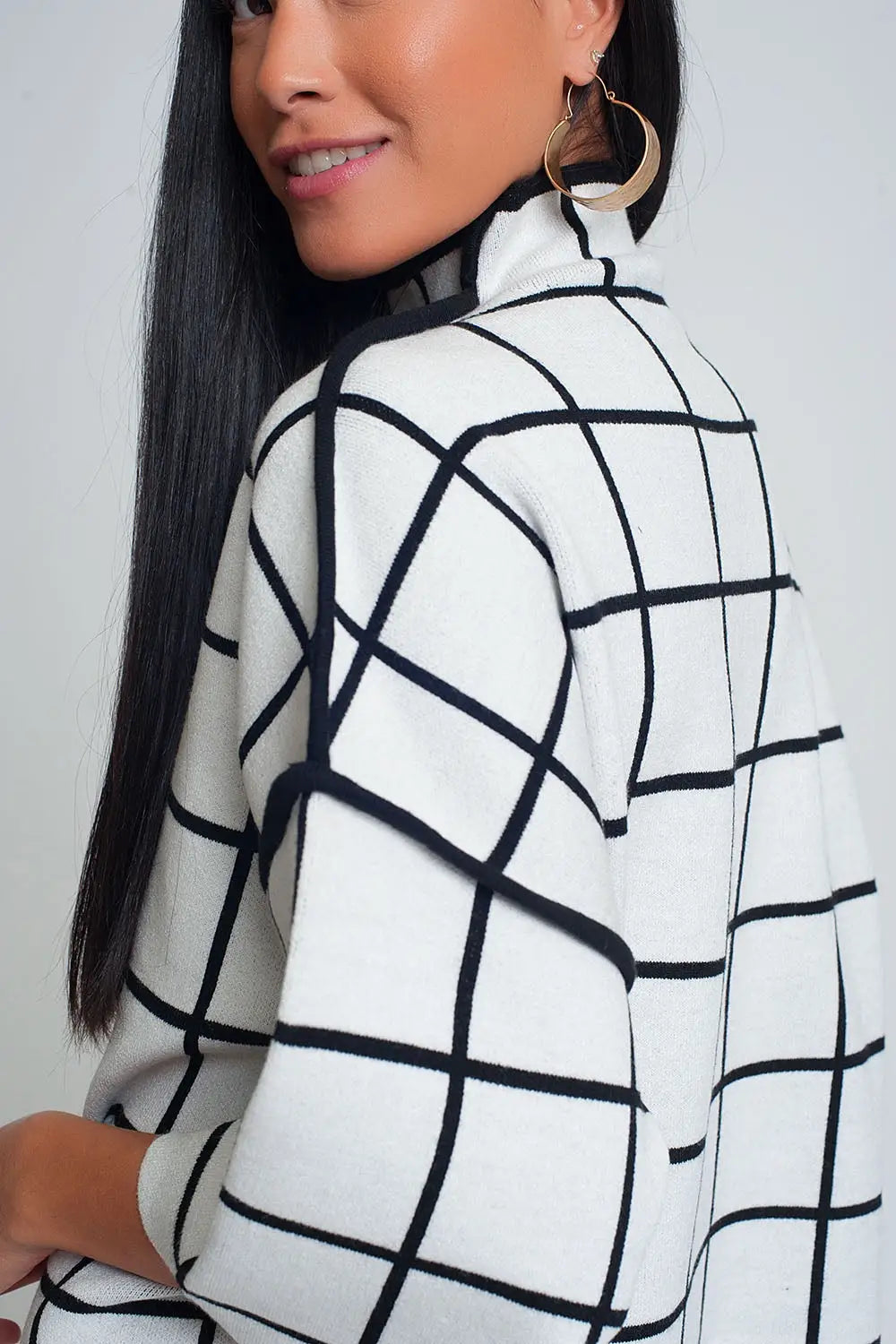 White sweater with chequered print in 3/4 sleeve and high neck - One Size / White - Sweaters