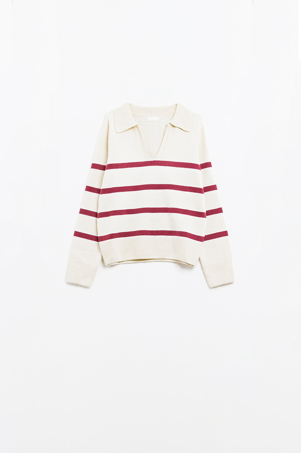 white sweater with dark red stripes and wide v neck