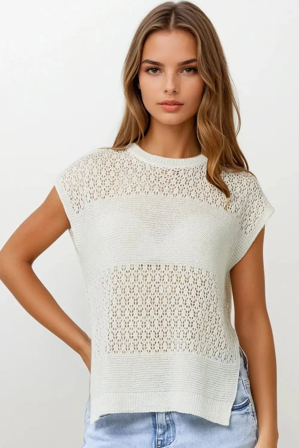 White sweater with soft open knit and dropped sleeves - One Size / White - Sweaters