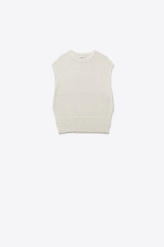 Q2 White sweater with soft open knit and dropped sleeves