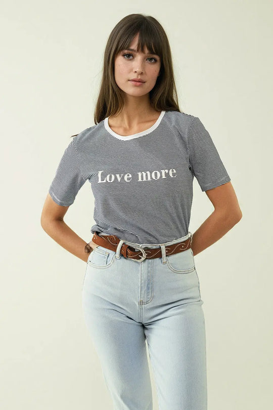 Q2 White T-shirt with black stripes and Love More texted