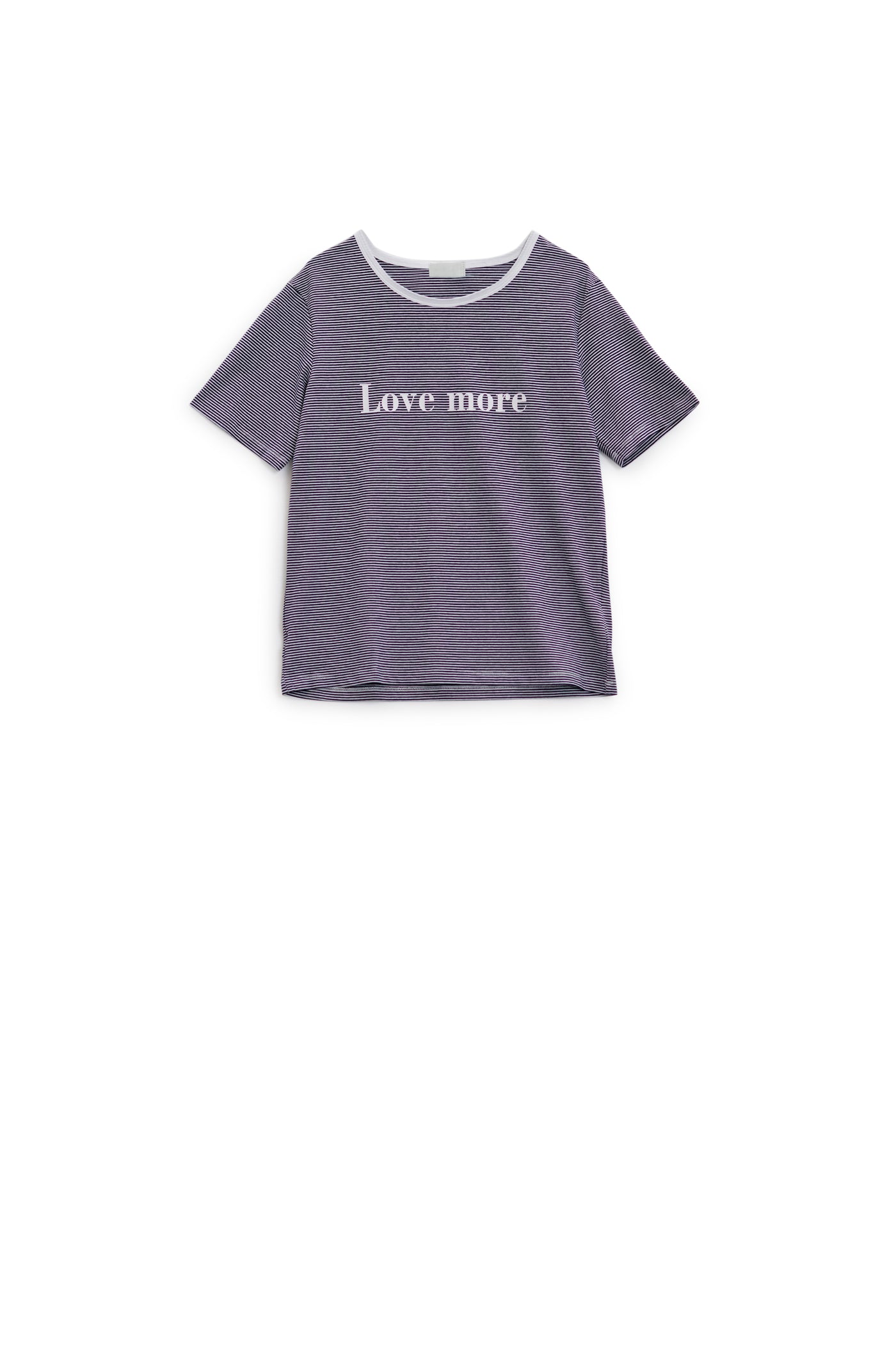 White T-shirt with black stripes and Love More texted