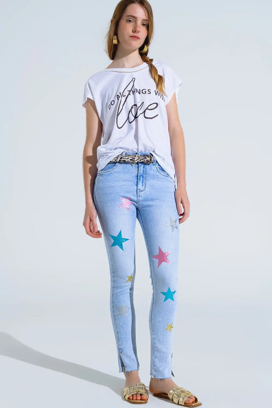White T-Shirt With Black Text At The Front and Trim at The Neck - One Size / White - Tops