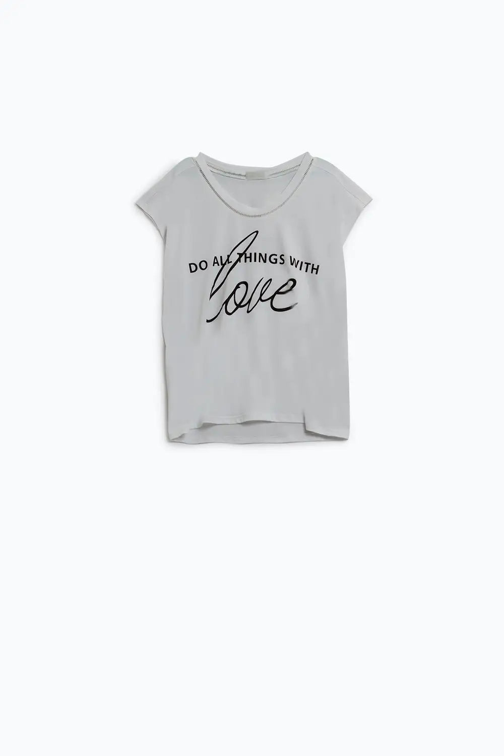 White T-Shirt With Black Text At The Front and Trim at The Neck - One Size / White - Tops