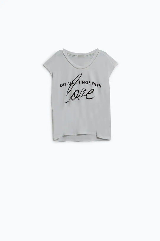 White T-Shirt With Black Text At The Front and Trim at The Neck - One Size / White - Tops