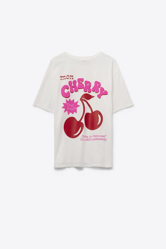 White T-shirt with Cherry in logo and letters - One Size / White - Tops