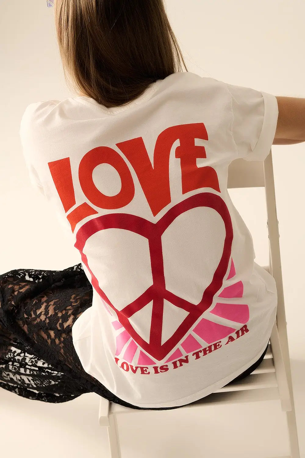 Q2 White T-Shirt with Love is Air and Heart with Peace logo