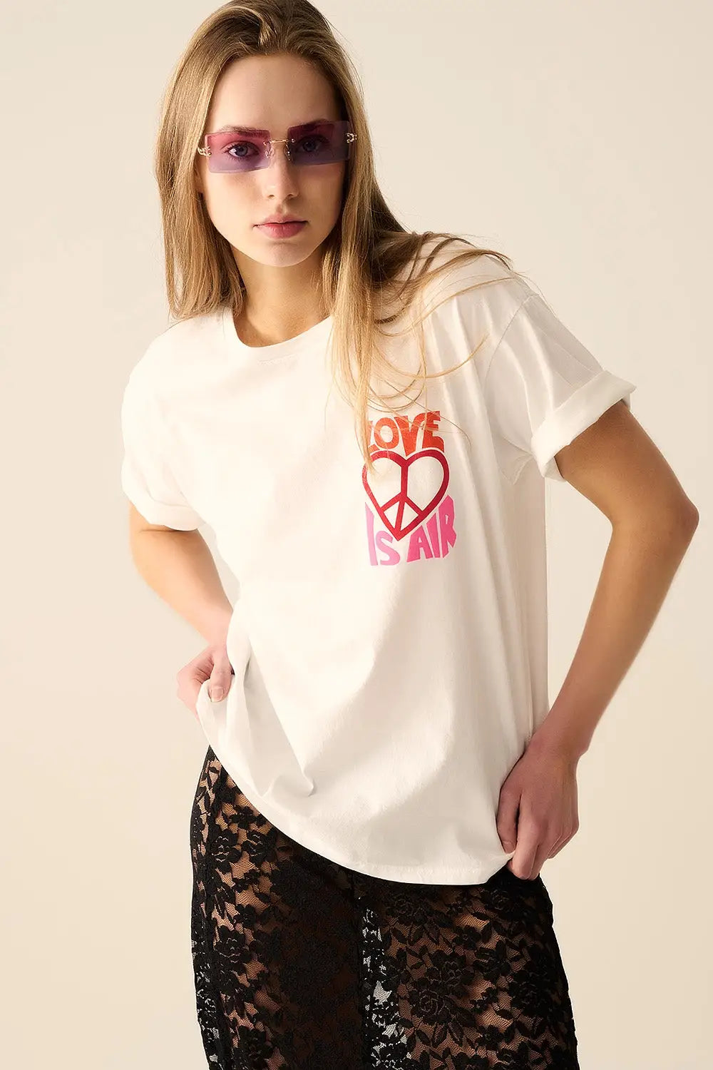 White T-Shirt with Love is Air and Heart with Peace logo - One Size / White - Tops