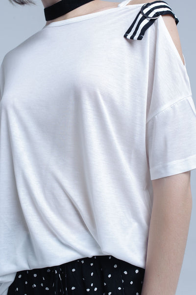 White t-shirt with one open shoulder