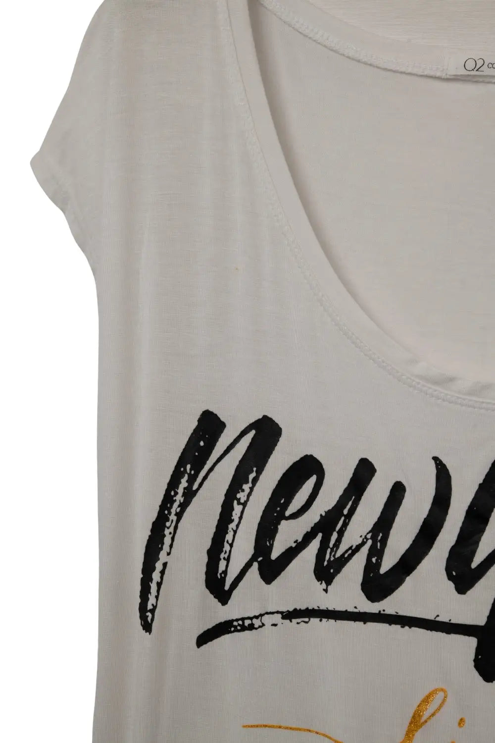 White T-Shirt with Text Design and Wide-Oval Neckline - One Size / White - Shirts