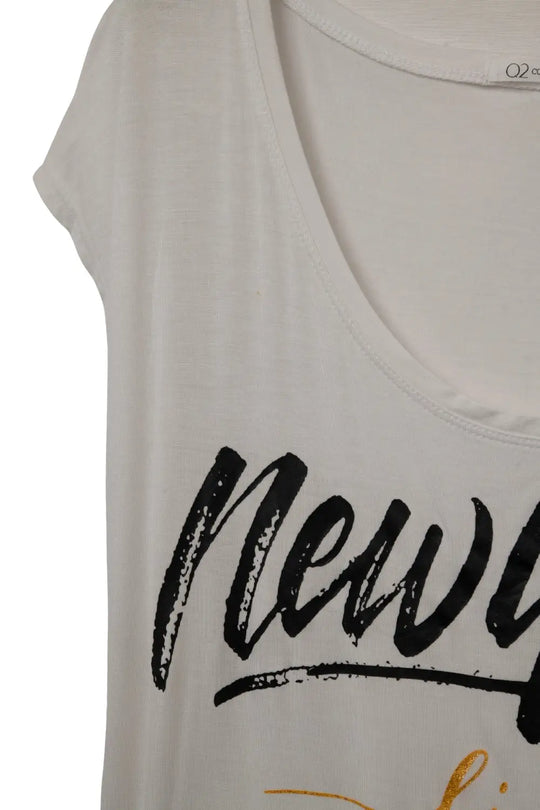 White T-Shirt with Text Design and Wide-Oval Neckline - One Size / White - Shirts