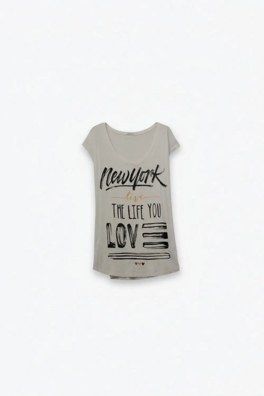 Q2 White T-Shirt with Text Design and Wide-Oval Neckline
