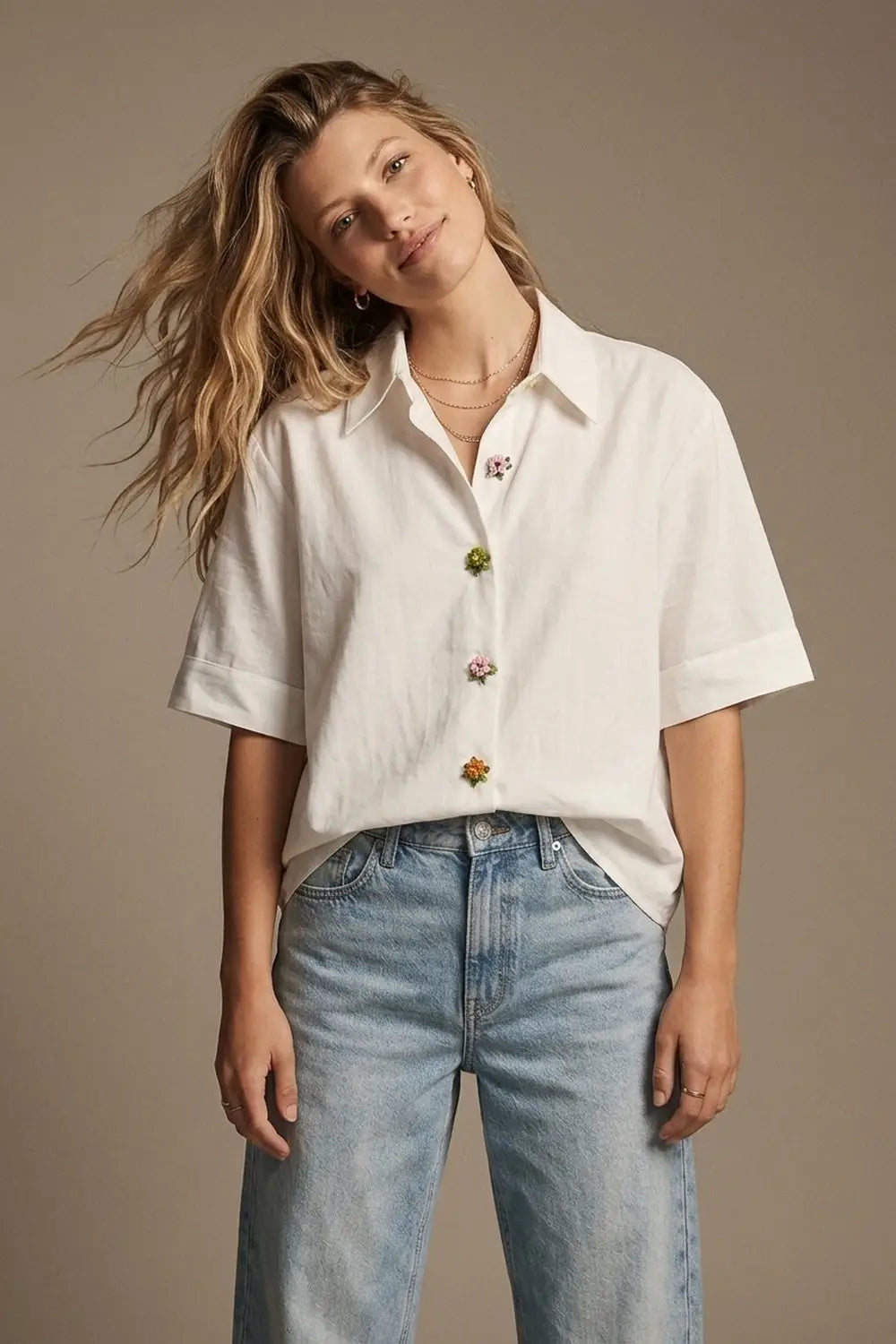 Q2 White Tencel Shirt with Jewel Flower Buttons