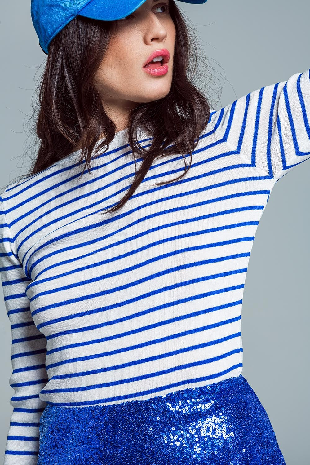 white thin sweater with blue stripes