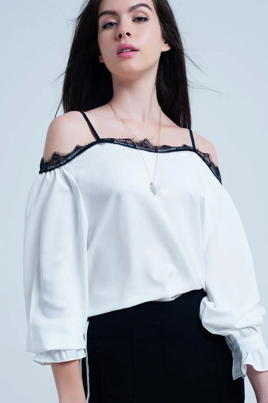White top with black lace and bare shoulders - Shirts