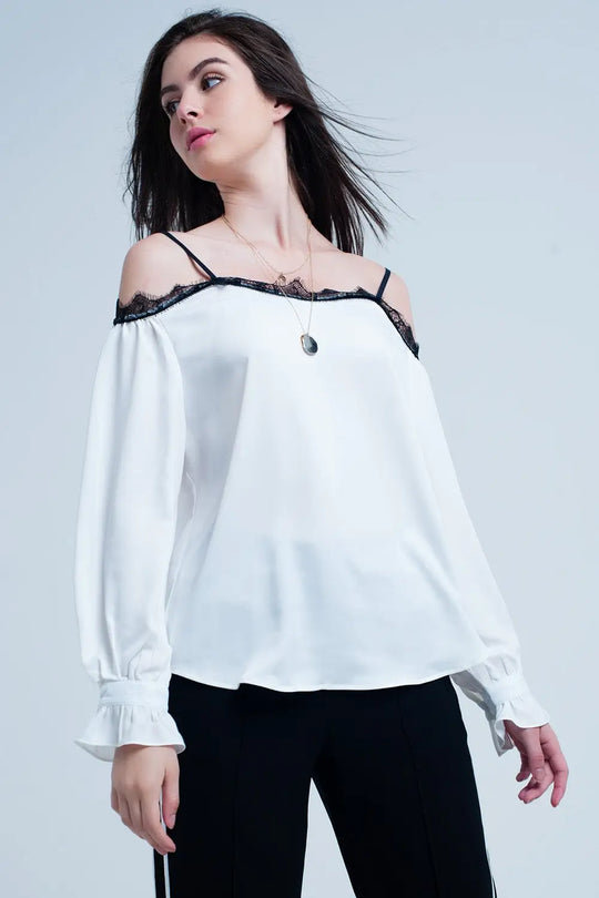 White top with black lace and bare shoulders - Shirts
