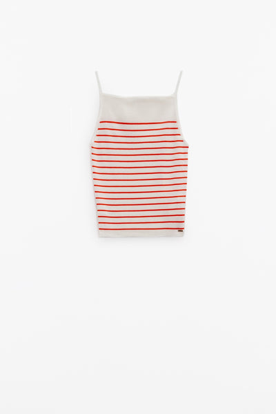 White top with orange stripes and thin straps