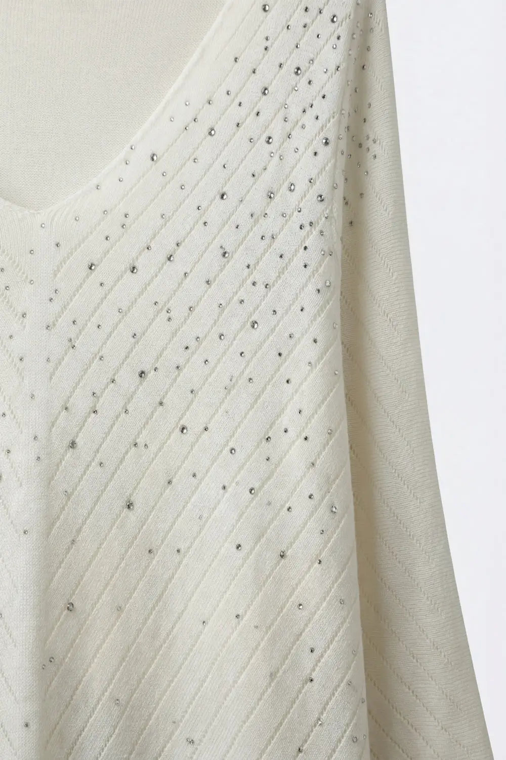 White V-Neck Embellished Knit Sweater Top - One Size / White