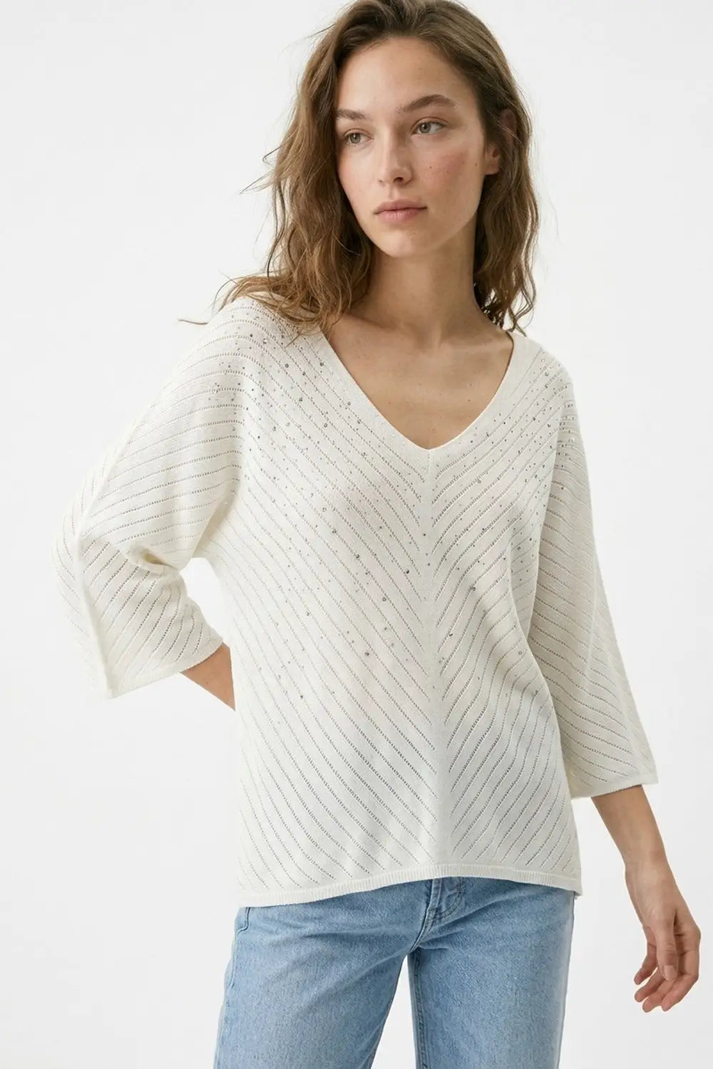 White V-Neck Embellished Knit Sweater Top - One Size / White