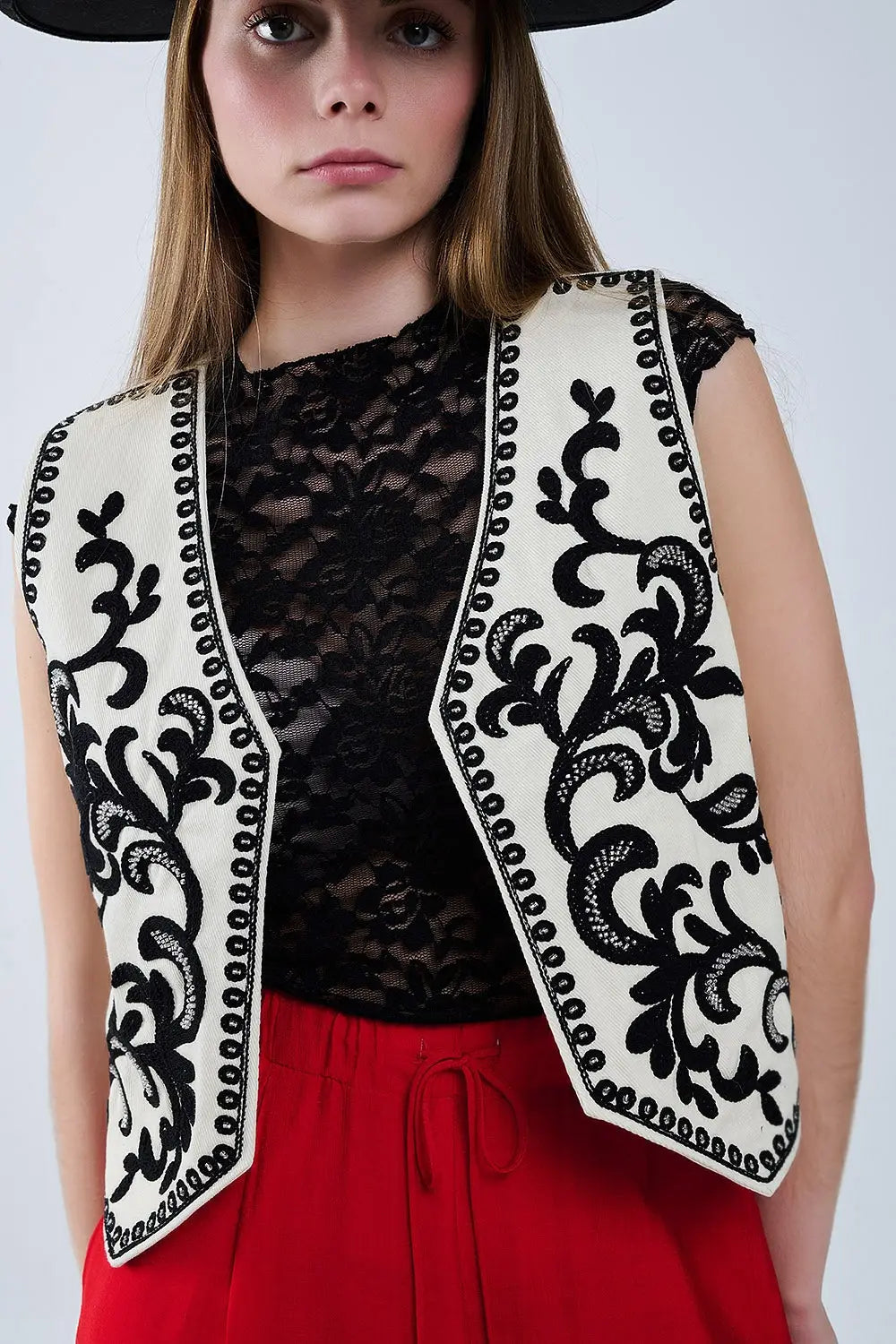 Q2 White Vest with Black Baroque embroidered