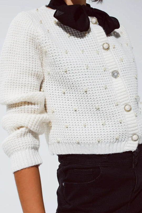 White Waffle Knit Cardigan With Embellished Pearls And Jewelled Buttons In White - Sweaters