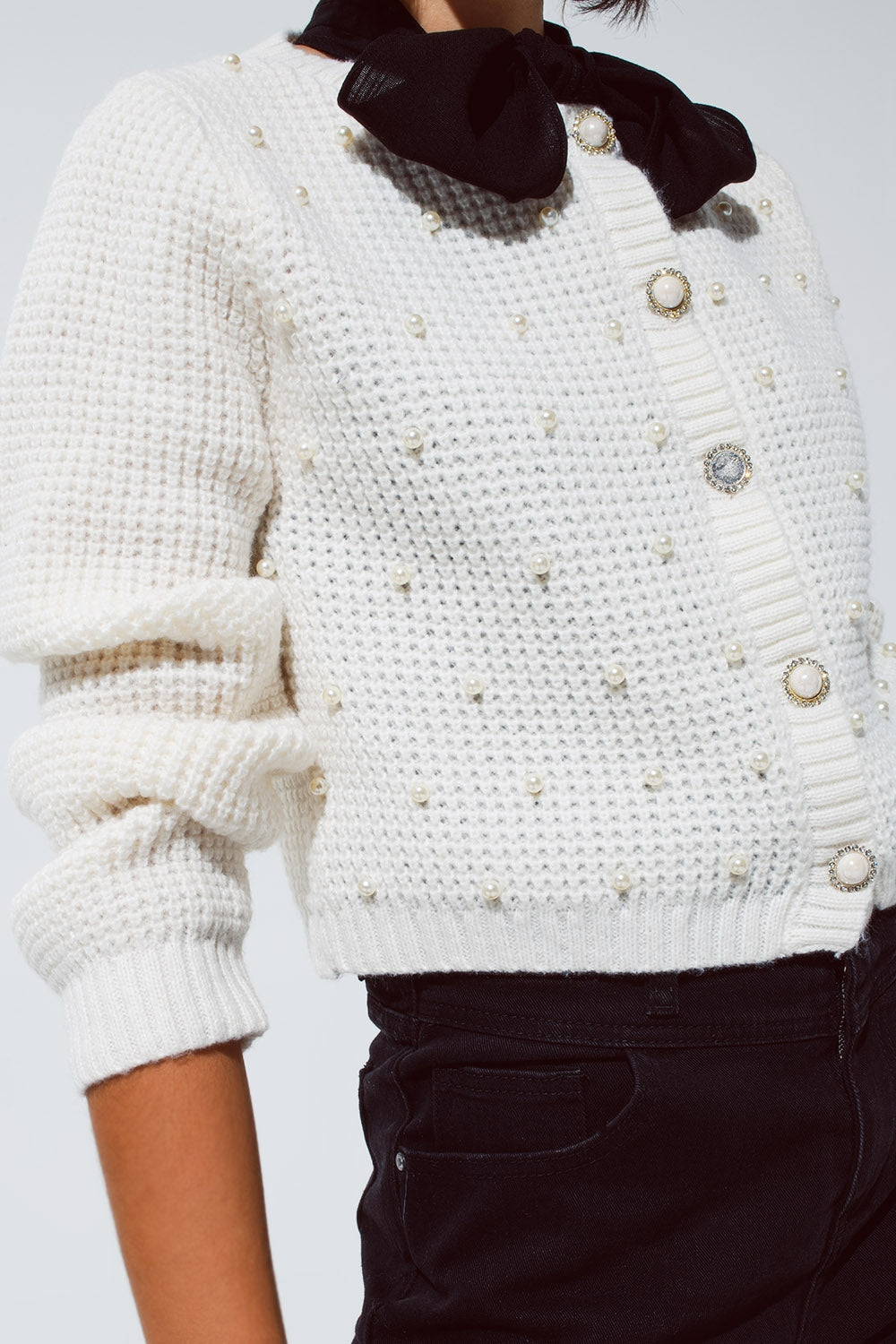 White Waffle Knit Cardigan With Embellished Pearls And Jewelled Buttons In White