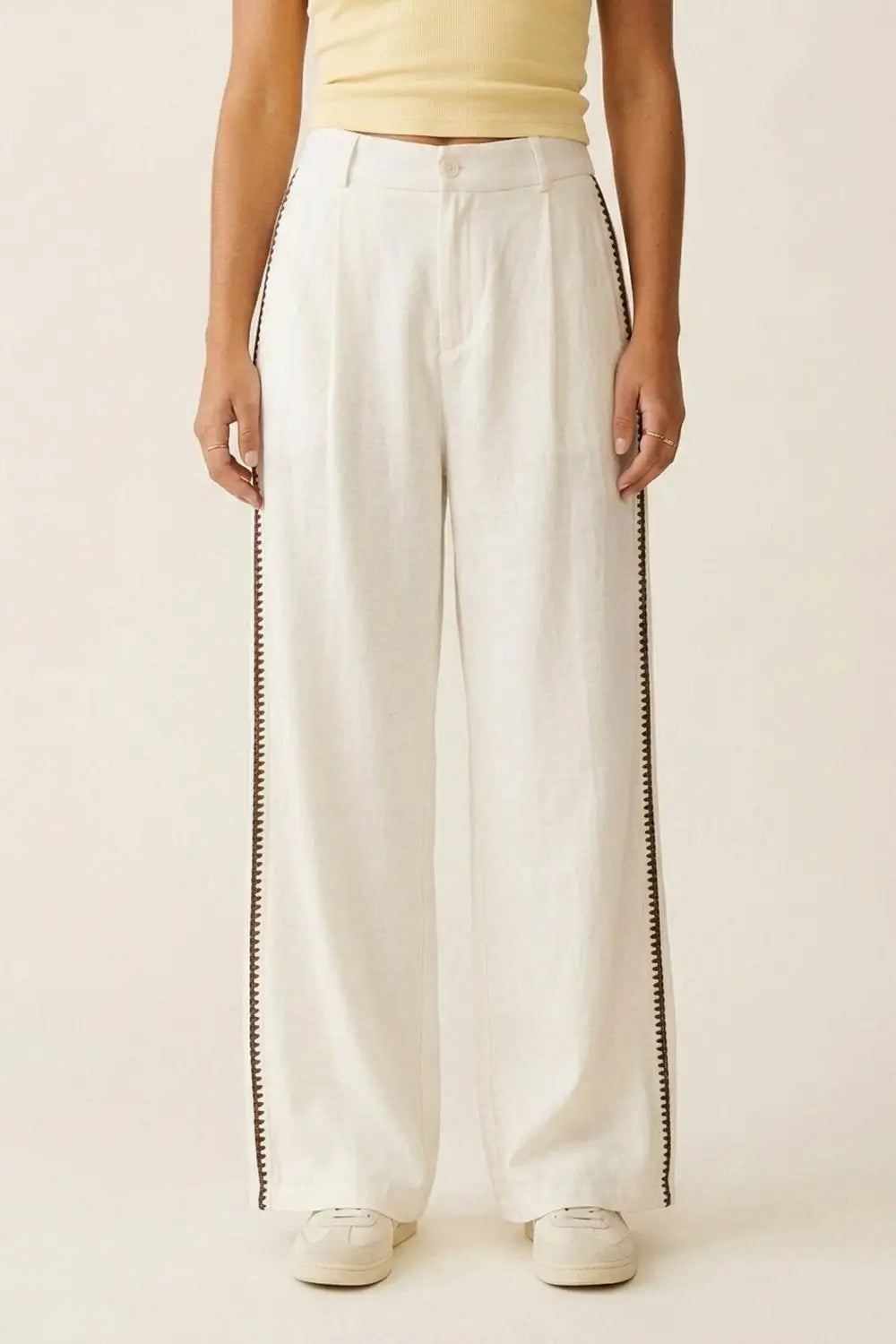 Q2 White Wide-Leg Trousers with brown zig-zag Side Detail