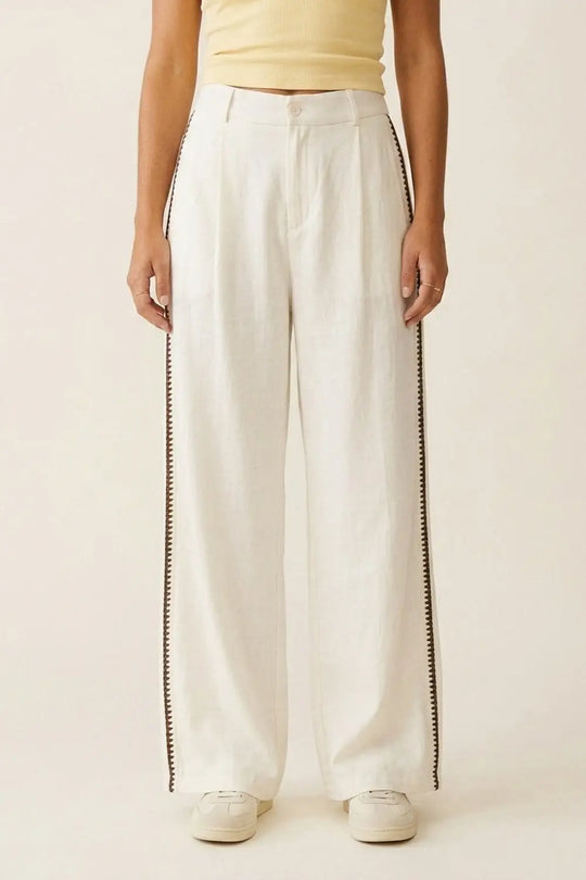Q2 White Wide-Leg Trousers with brown zig-zag Side Detail