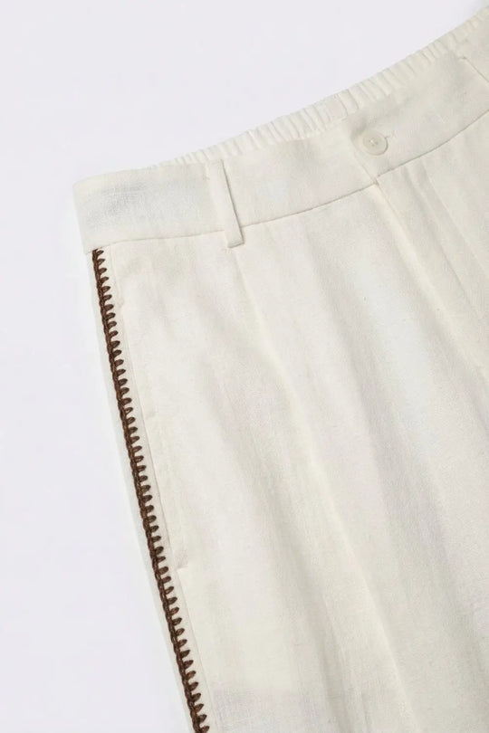 White Wide-Leg Trousers with brown zig-zag Side Detail - Pants