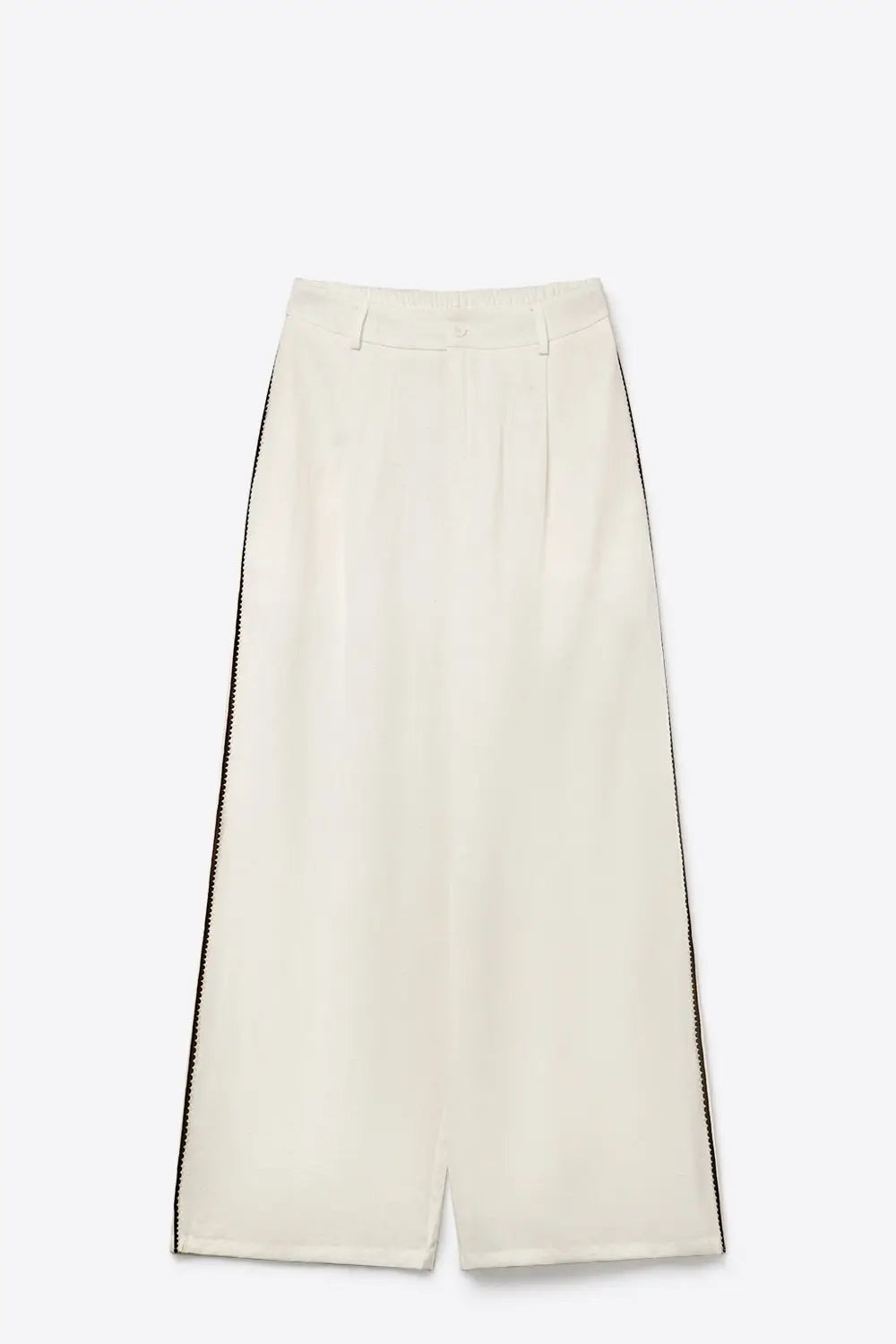 White Wide-Leg Trousers with brown zig-zag Side Detail - Pants