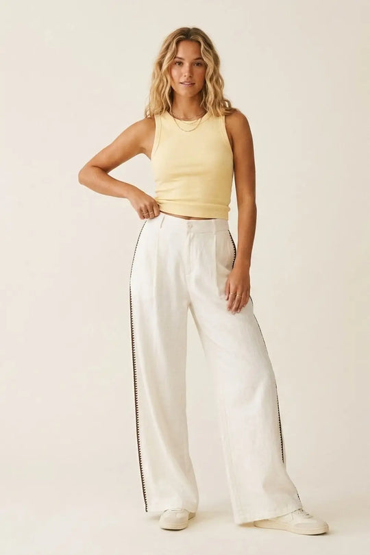 White Wide-Leg Trousers with brown zig-zag Side Detail - Pants