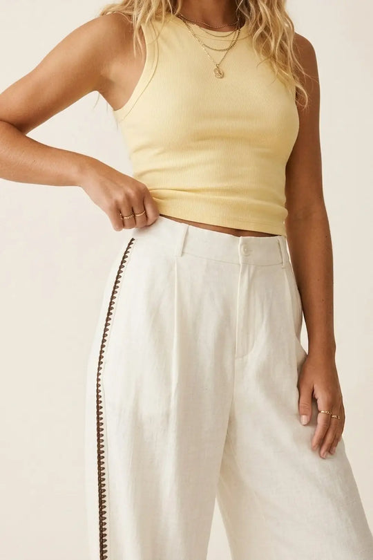 White Wide-Leg Trousers with brown zig-zag Side Detail - Pants