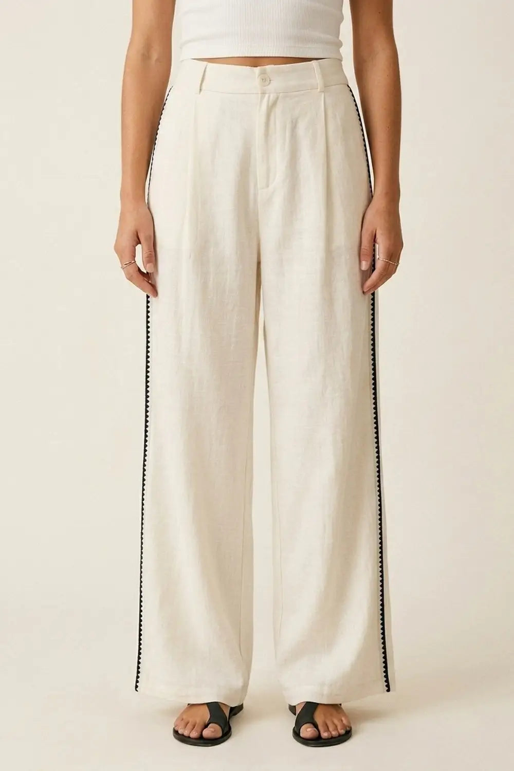 Q2 White Wide-Leg Trousers with navy zig-zag Side Detail