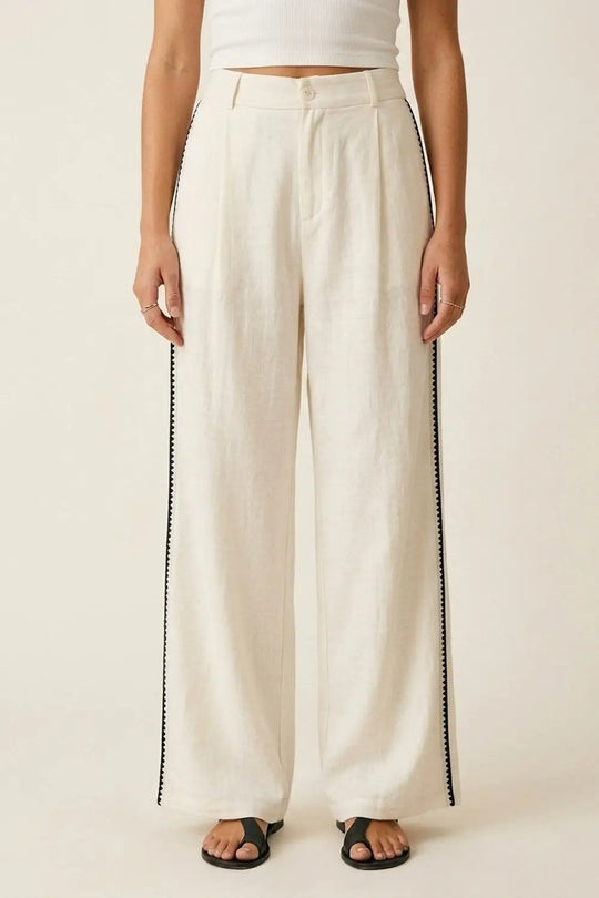 Q2 White Wide-Leg Trousers with navy zig-zag Side Detail