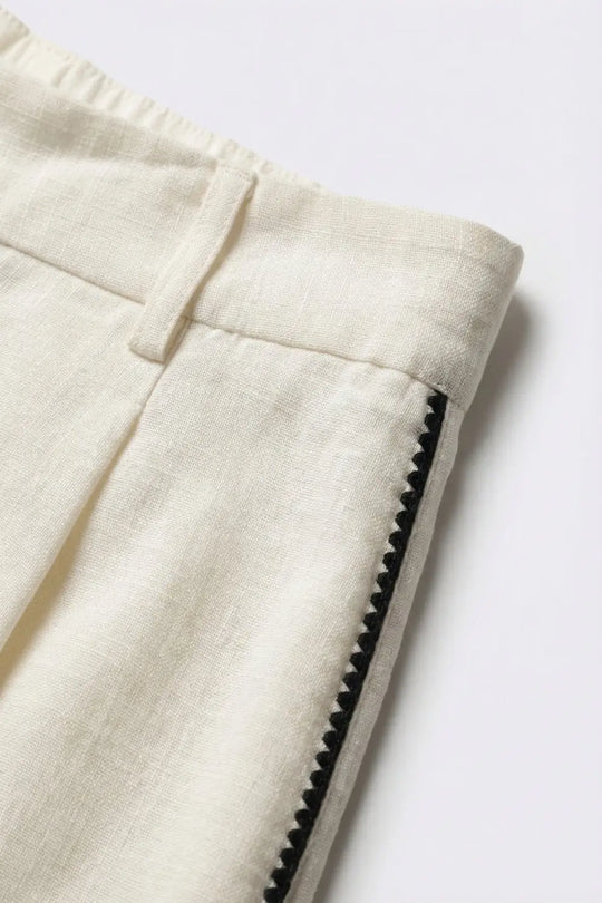 White Wide-Leg Trousers with navy zig-zag Side Detail - Pants