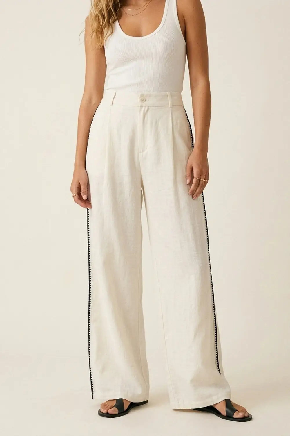White Wide-Leg Trousers with navy zig-zag Side Detail - Pants