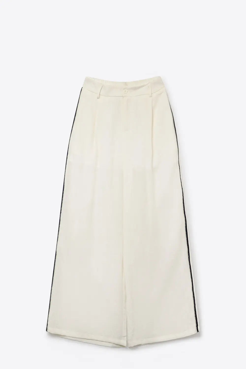 White Wide-Leg Trousers with navy zig-zag Side Detail - Pants