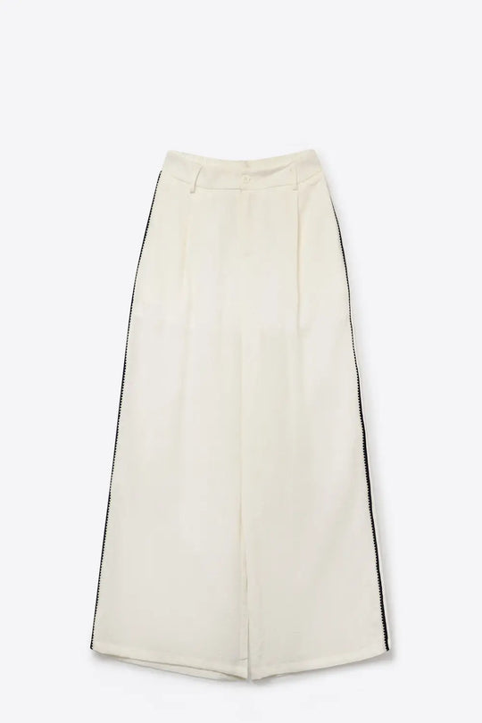 White Wide-Leg Trousers with navy zig-zag Side Detail - Pants