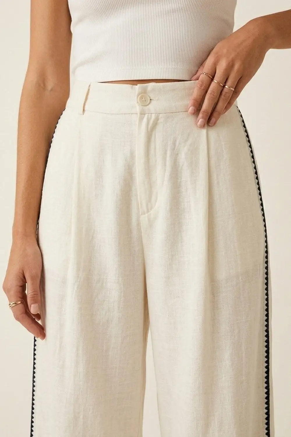 White Wide-Leg Trousers with navy zig-zag Side Detail - Pants