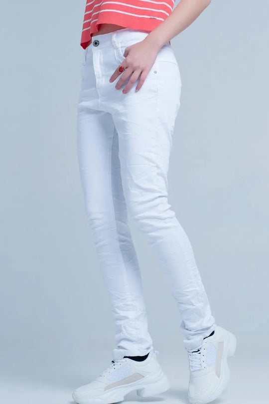 White Wrinkled Skinny Jeans - Jeans