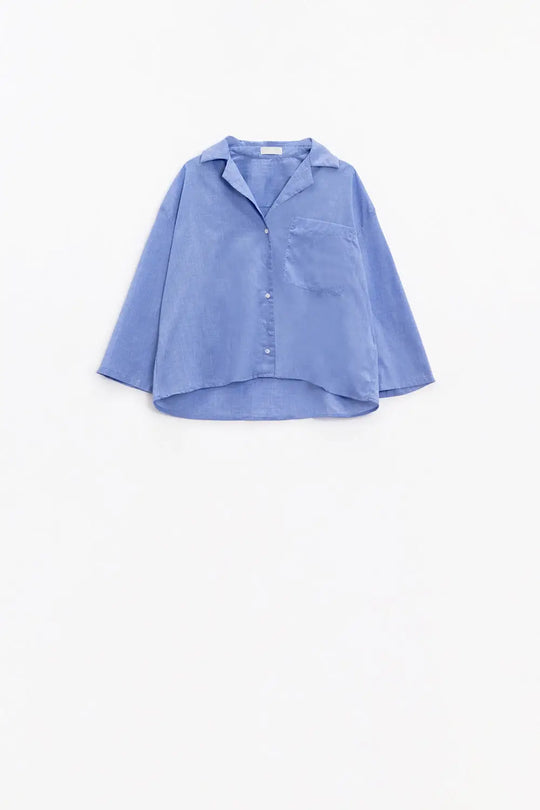 Wide 3/4 sleeves blue shirt with one chest pocket - Shirts