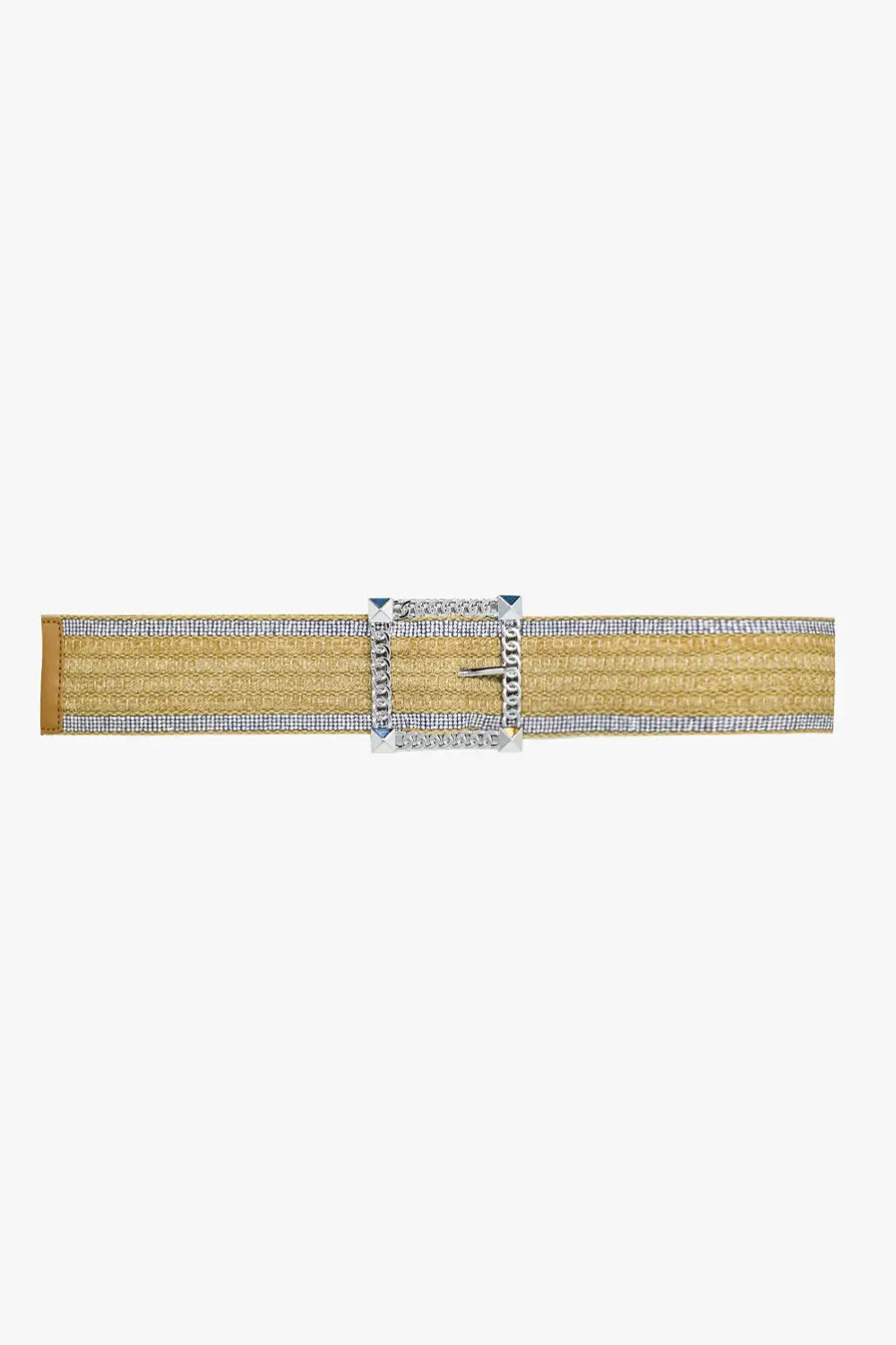 Wide beige woven belt with strass on the edges and big silver square buckle - One Size / Beige - Accesory
