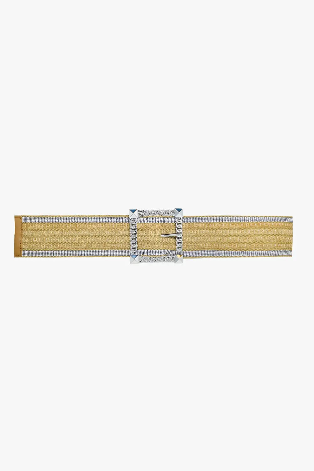 Wide beige woven belt with strass on the edges and big silver square buckle - One Size / Beige - Accesory
